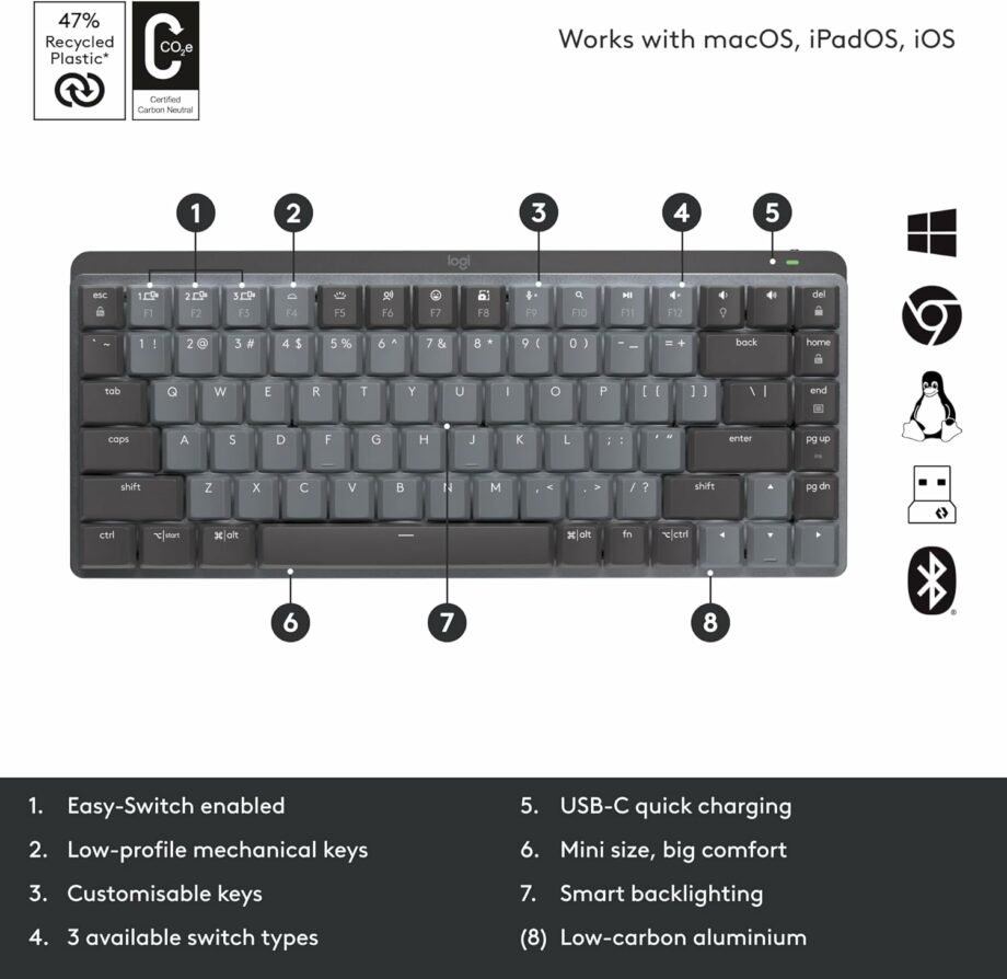 Logitech MX Mechanical Mini Wireless Illuminated Performance Tactile Quiet Switches Keyboard - Graphite