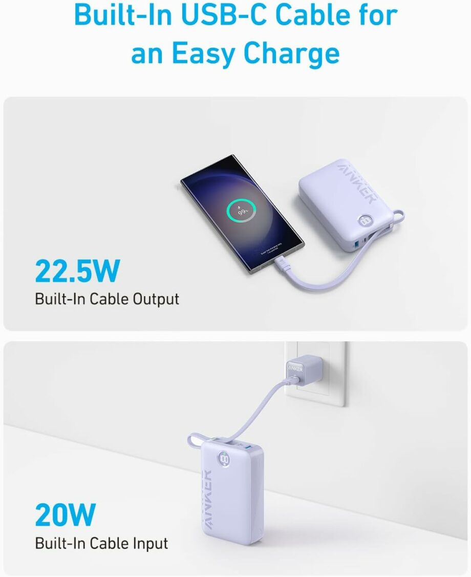 Anker 20000mAh PD 22.5W Power Bank with Built-in USB-C Cable - Purple