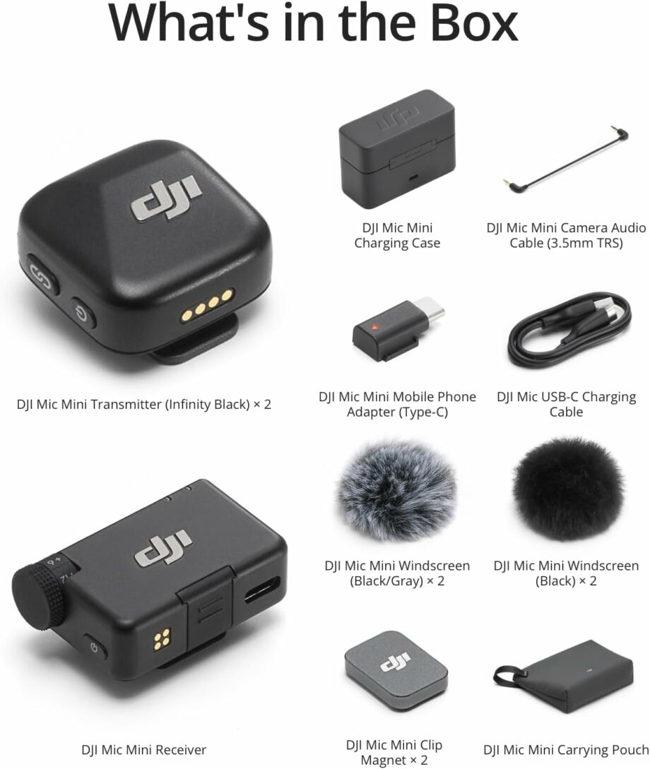 DJI Mic Mini (2 TX + 1 RX + Charging Case) Ultralight, Detail-Rich Audio, 48h Use, Noise Cancelling Microphone