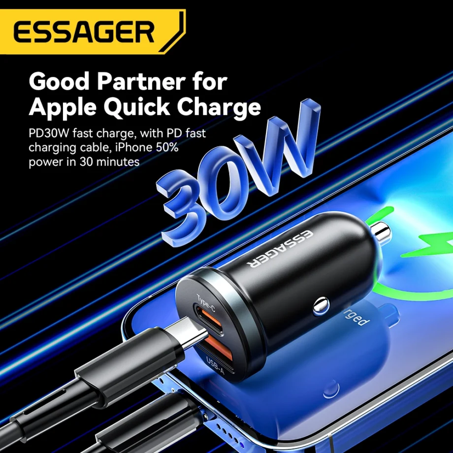 Essager 30W Fast USB-C & USB-A Car Charger