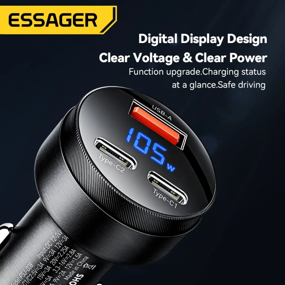 Essager 105W USB C 3-Port Car Charger