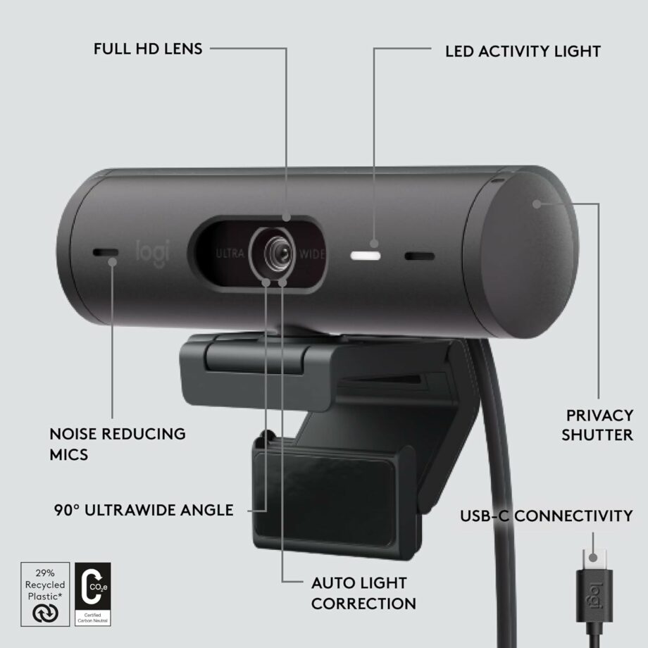 Logitech Brio 500 Full HD 1080p Webcam with Auto Light Correction - Black