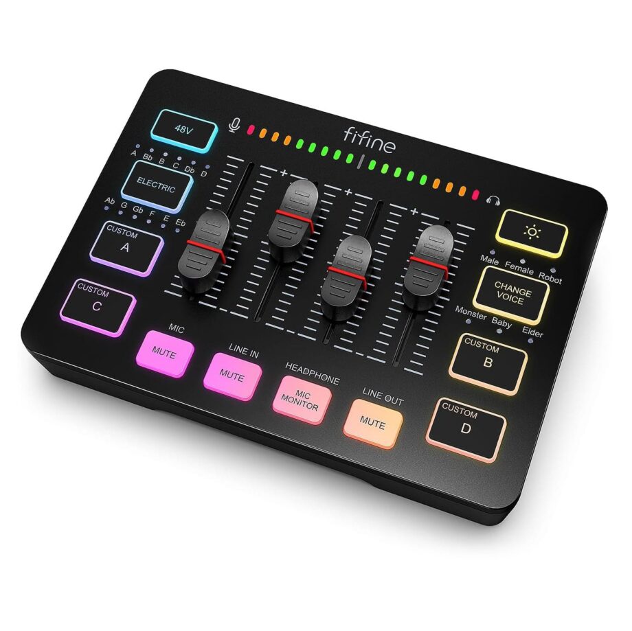 FIFINE Ampligame SC3 Gaming USB Mixer with XLR/Headset Input, Monitoring, Line In/Out, Faders, Mute/voice Effect/Sample