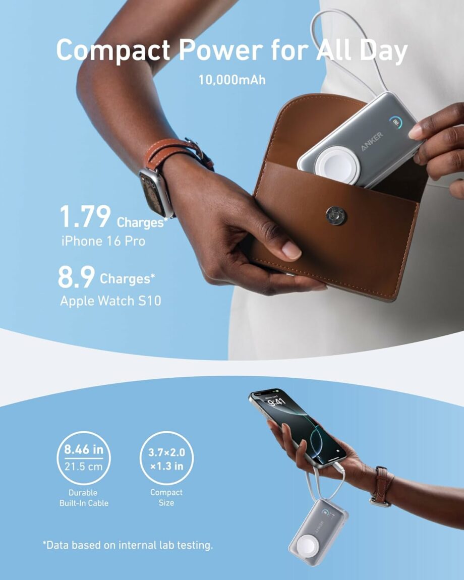 Anker MagGo 10,000mAh 35W Power Bank Officially Certified for Apple Watch with Built-in USB-C Cable - White