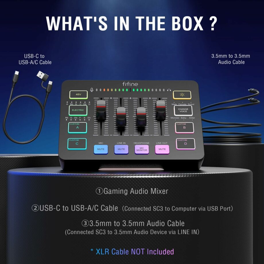 FIFINE Ampligame SC3 Gaming USB Mixer with XLR/Headset Input, Monitoring, Line In/Out, Faders, Mute/voice Effect/Sample