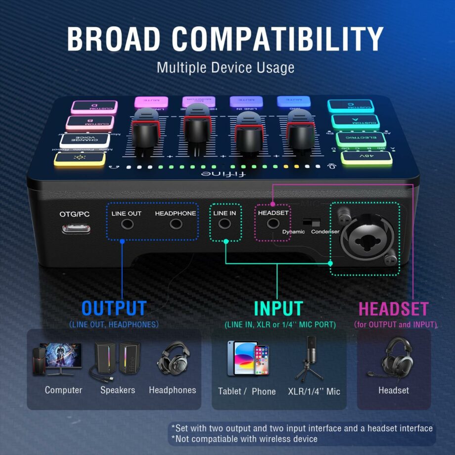 FIFINE Ampligame SC3 Gaming USB Mixer with XLR/Headset Input, Monitoring, Line In/Out, Faders, Mute/voice Effect/Sample