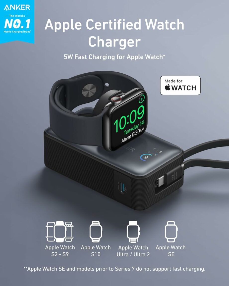 Anker MagGo 10,000mAh 35W Power Bank Officially Certified for Apple Watch with Built-in USB-C Cable - Black