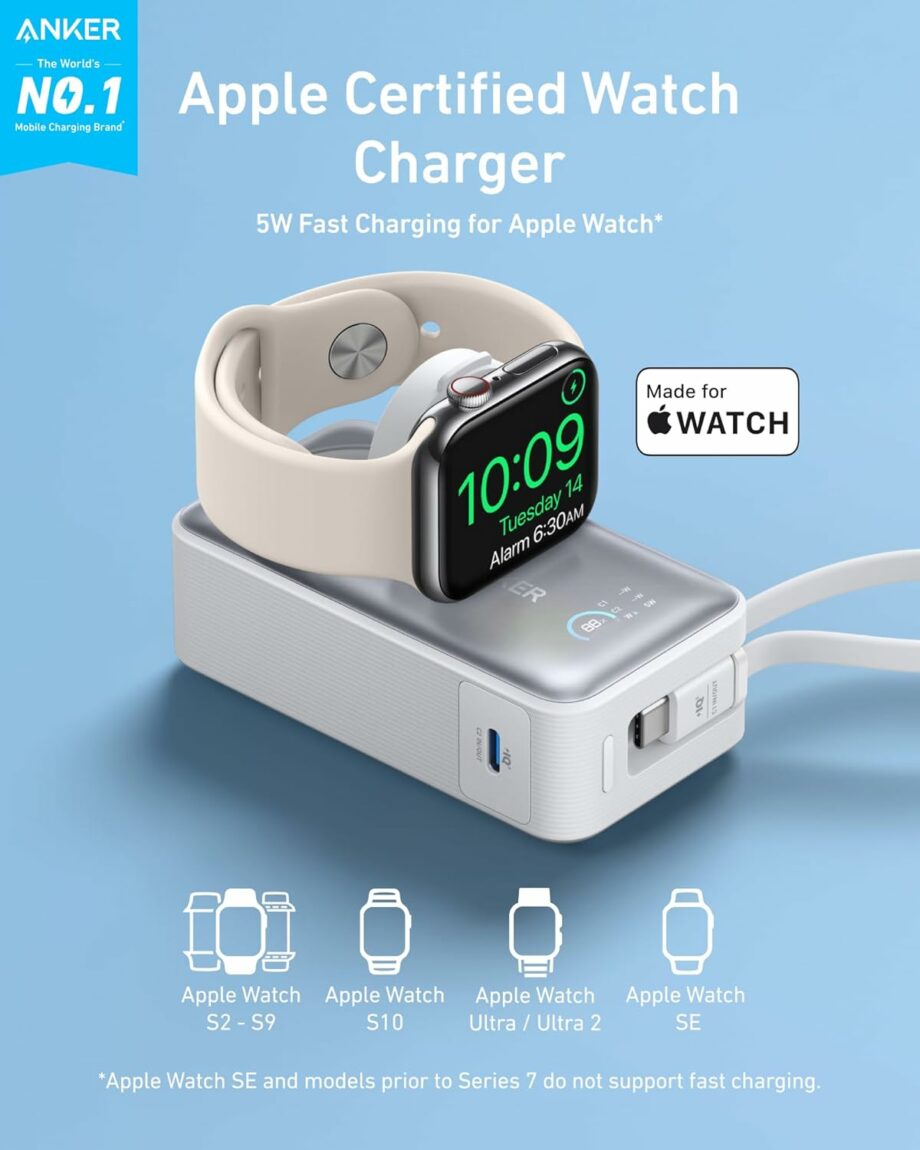 Anker MagGo 10,000mAh 35W Power Bank Officially Certified for Apple Watch with Built-in USB-C Cable - White