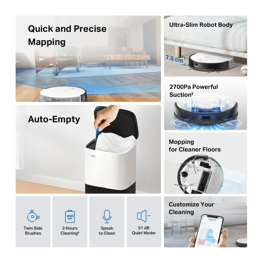 TP-Link Tapo RV20 Mop Plus MagSlim™ LiDAR Navigation Robot Vacuum & Mop+ Smart Auto-Empty Dock