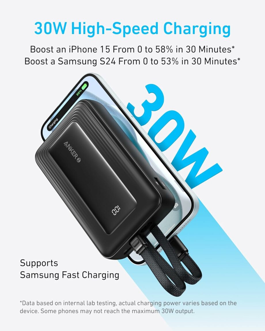 Anker Zolo 20,000mAh 30W Power Bank with Built-in USB-C and MFi Certified Lightning Cables - White