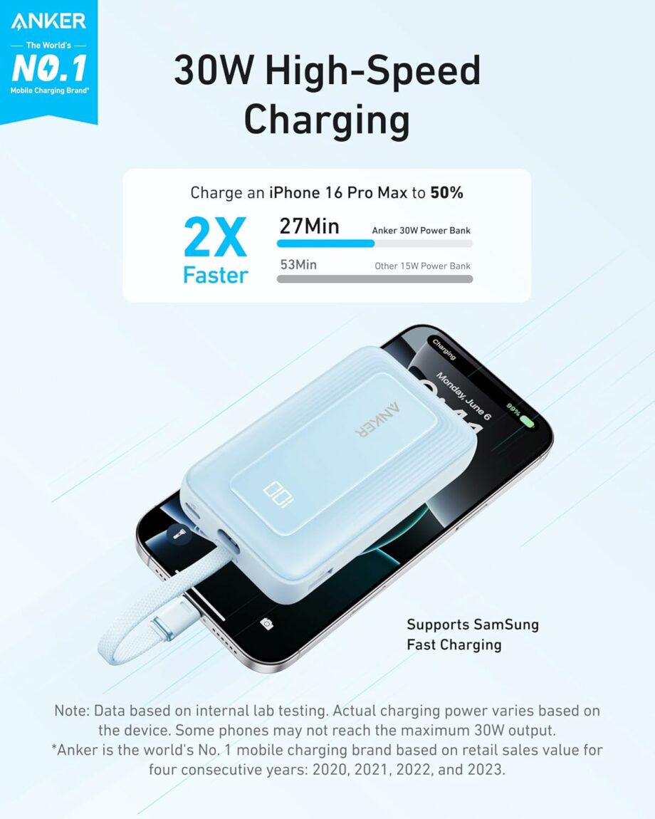 Anker Zolo 10,000mAh 30W Power Bank with Built-in USB-C Cable - Blue