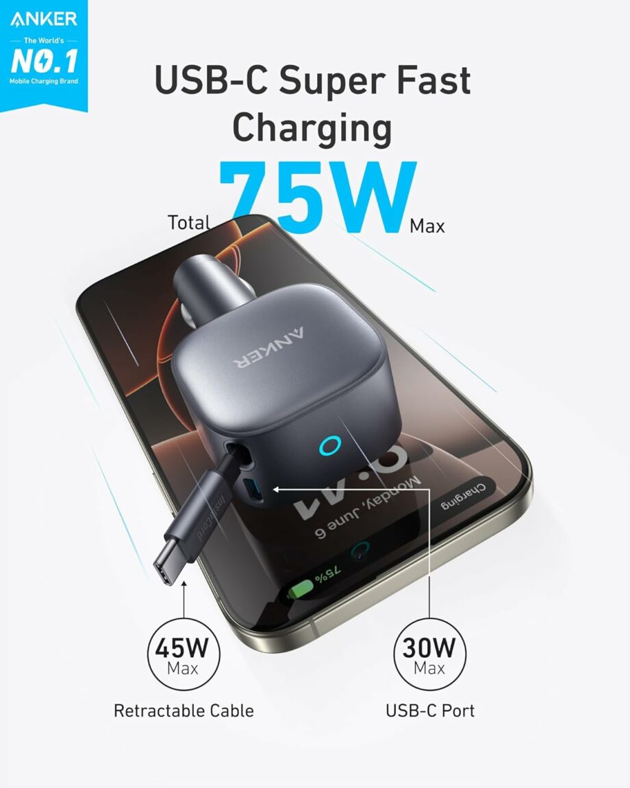 Anker USB-C 75W Car Charger with Built-in USB-C Retractable Cable