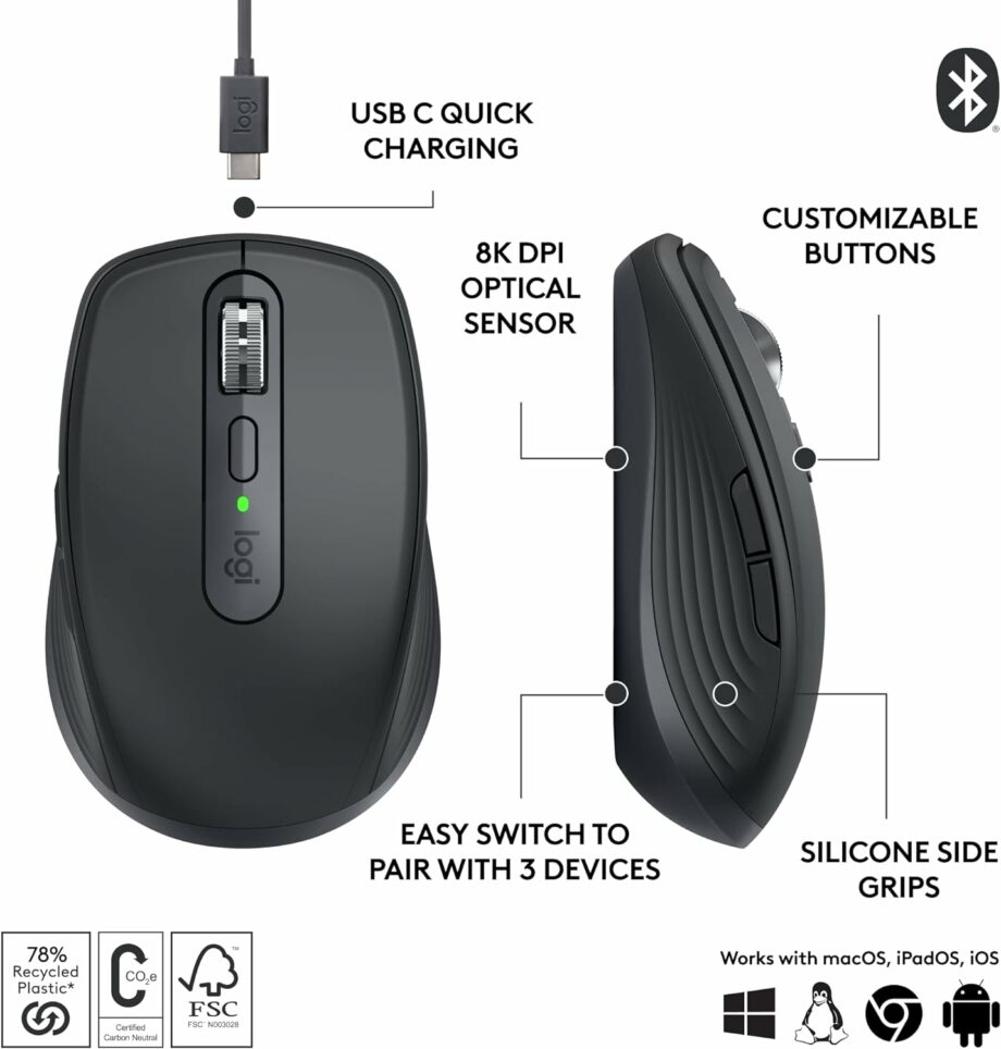 Logitech MX Anywhere 3S Compact Quiet Clicks Wireless Mouse - Graphite