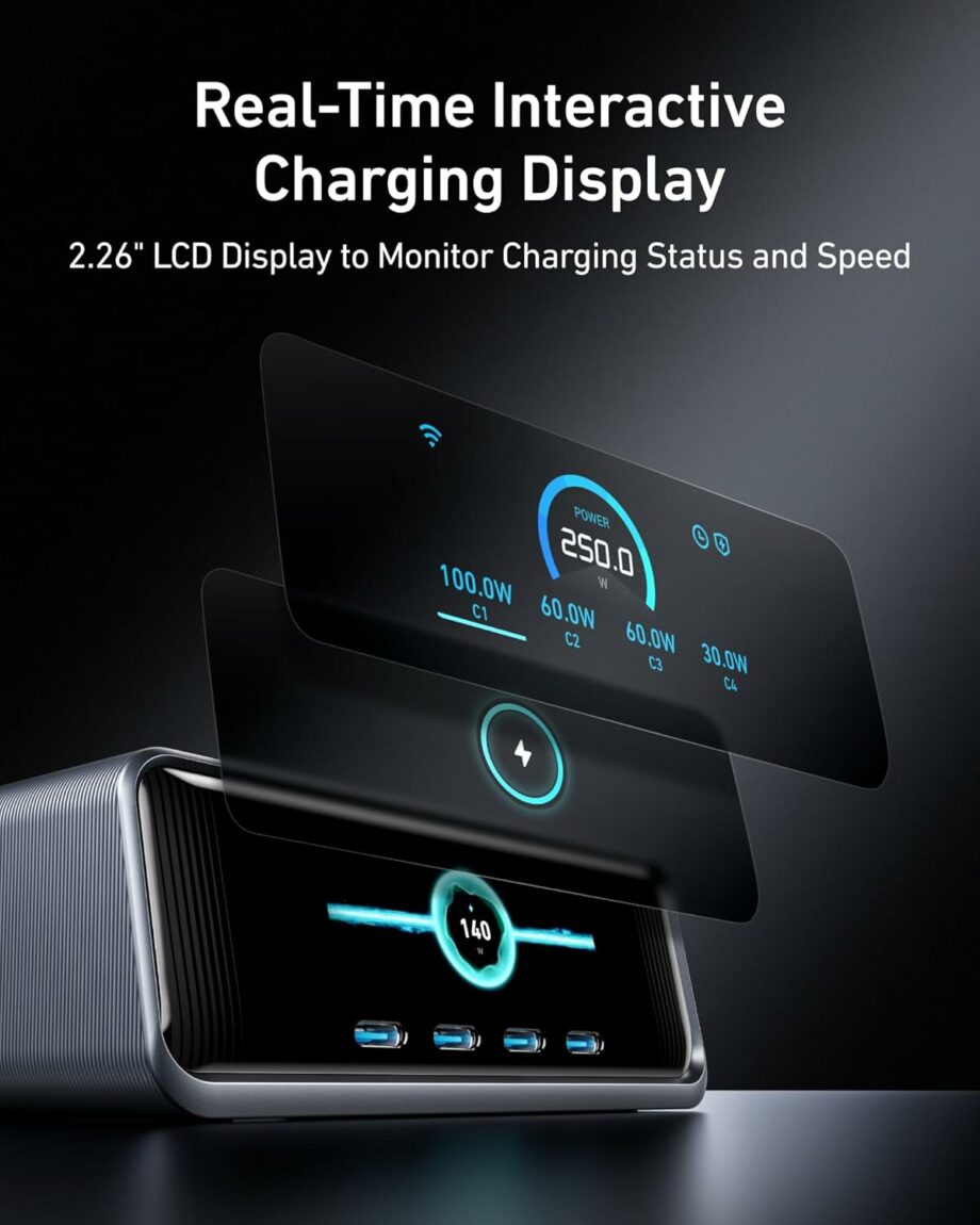 Anker Prime 250W GaN Ultra-Fast 6-Port Charging Station with 2.26" LCD Display and Smart Control Dial