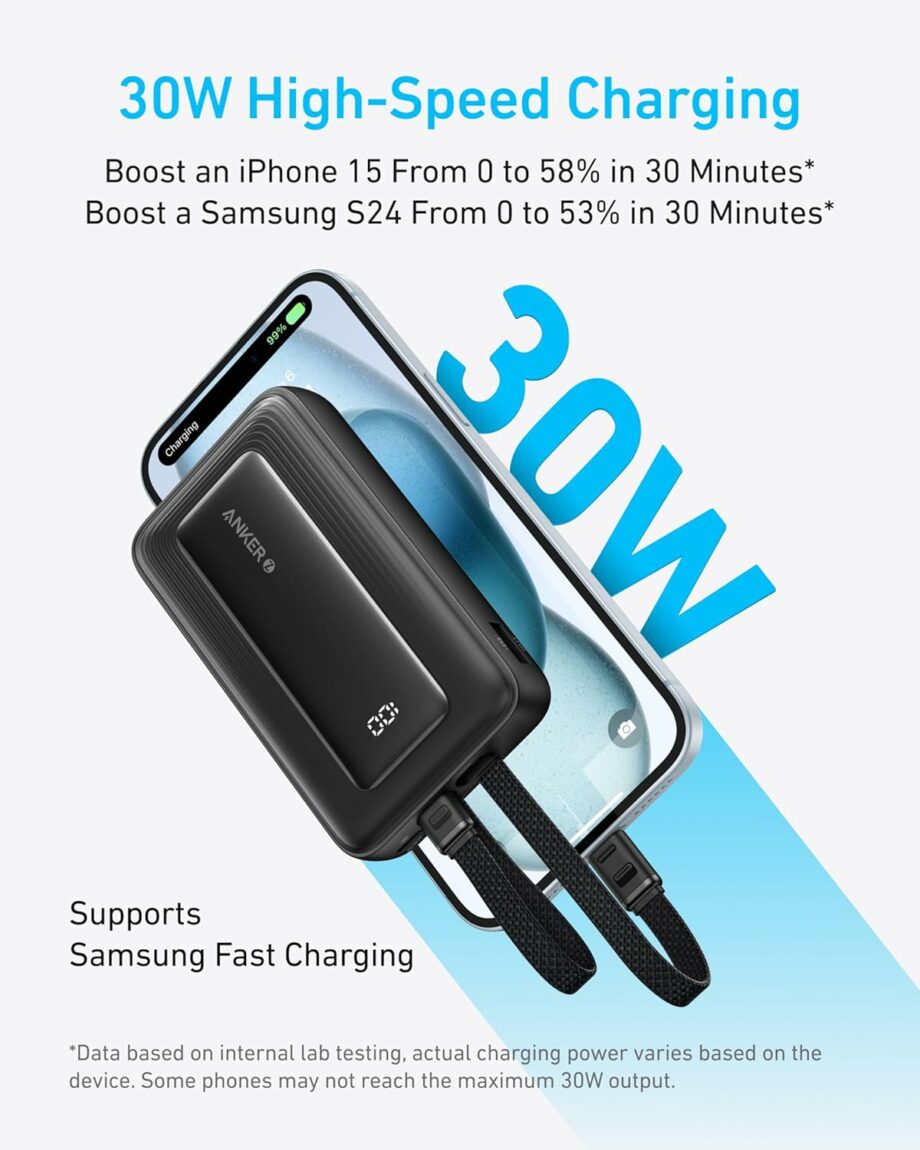 Anker Zolo 10,000mAh 30W Power Bank with Built-in USB-C and MFi Certified Lightning Cables - Black