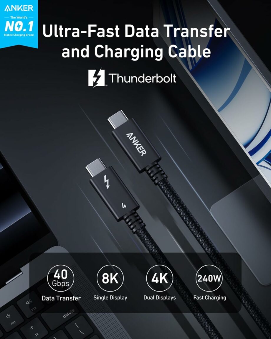 Anker Prime Thunderbolt 4 Certified 240W Charging 40Gbps Data Transfer Cable - 1M