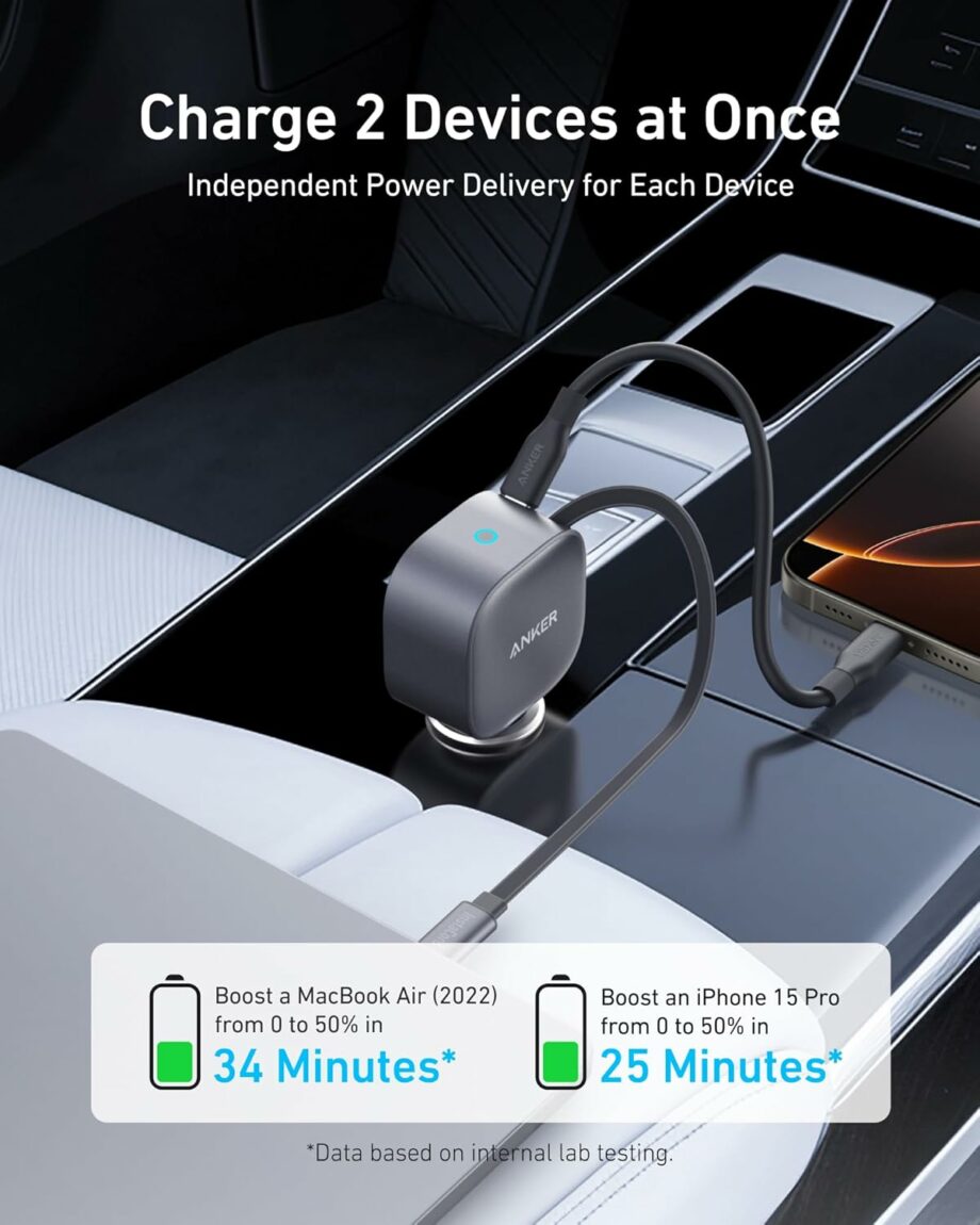 Anker USB-C 75W Car Charger with Built-in USB-C Retractable Cable