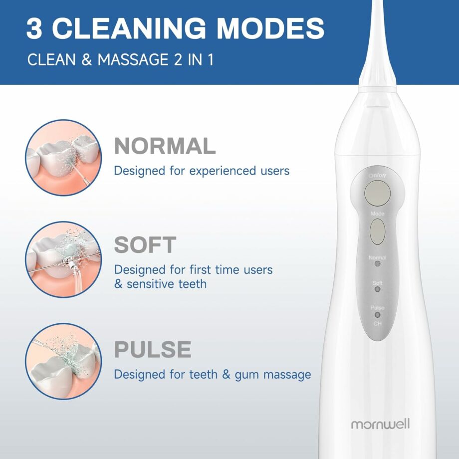 Mornwell Portable 3 Modes 4 Jet Tips IPX7 Waterproof Water Flosser - White