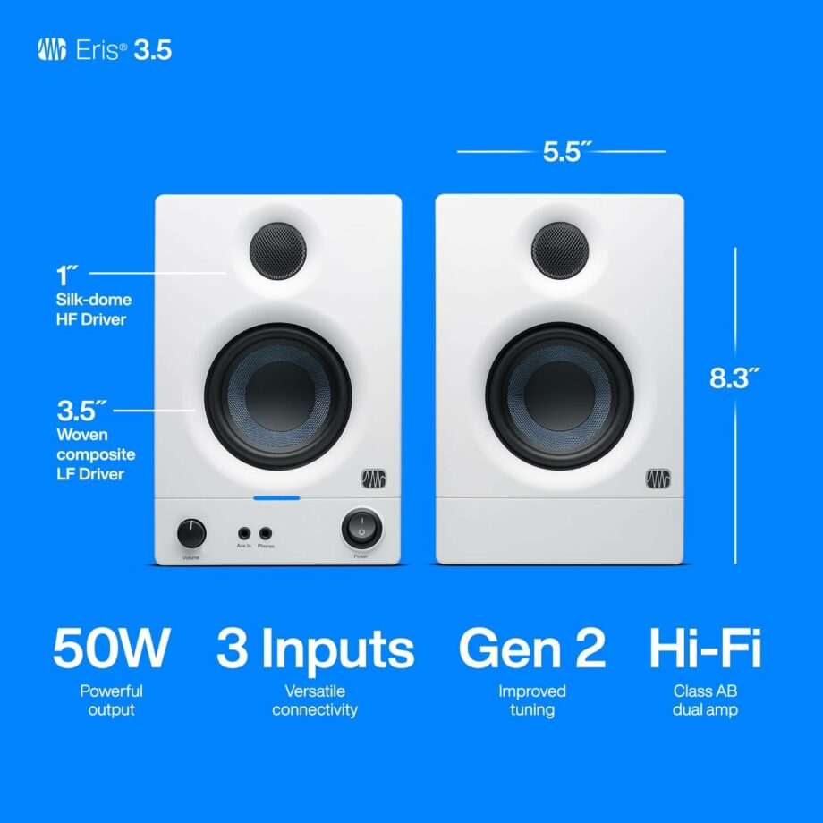 PreSonus Eris 3.5 Gen 2 2024 Studio Powered Active Monitor Speakers - White (Pre-Order)