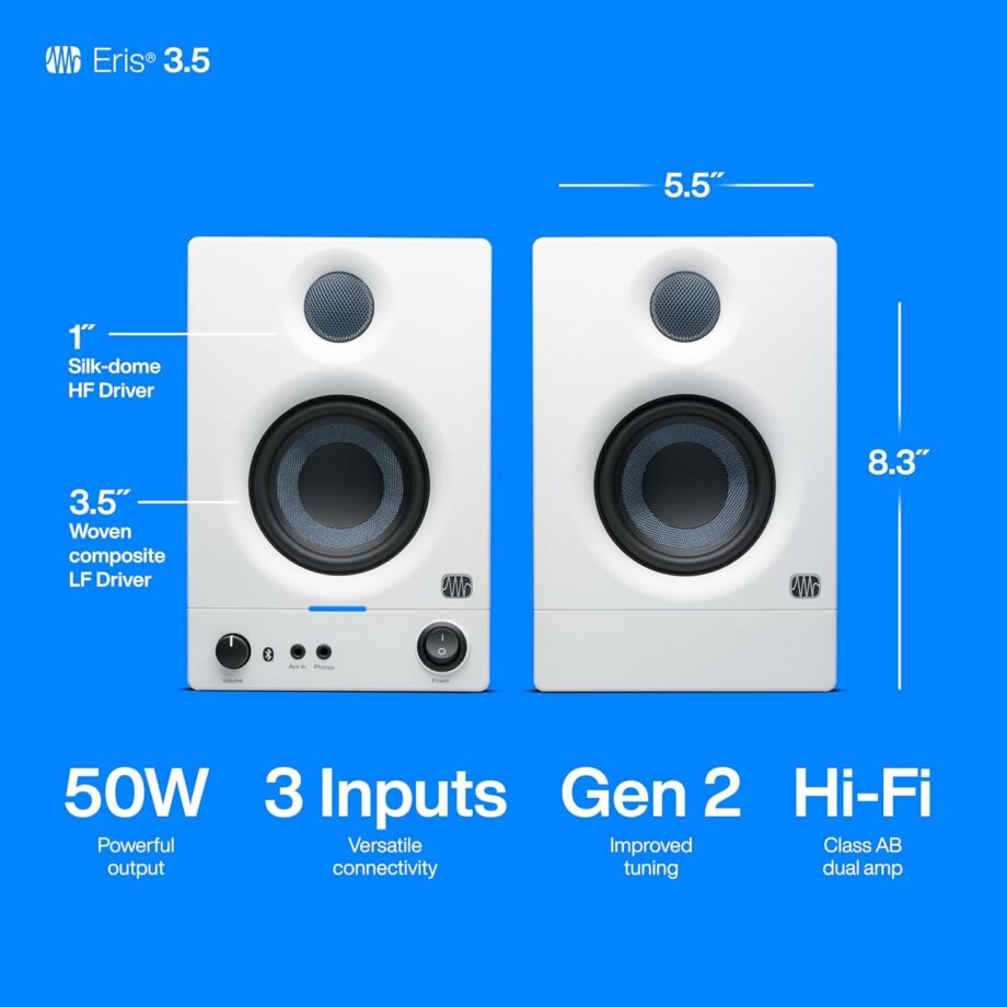 PreSonus Eris 3.5BT Gen 2 2024 Studio Powered Active Monitor Speakers - White (Pre-Order)