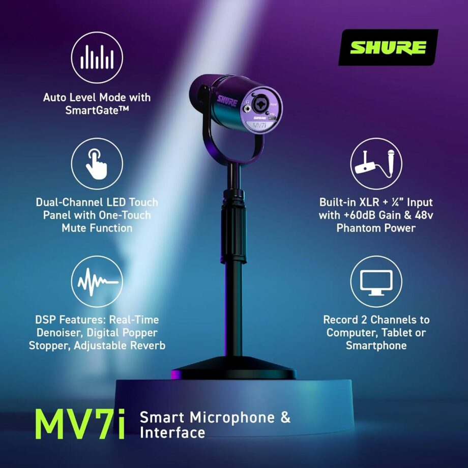 Shure MV7i with Built-in Audio Interface with 2 Channels, XLR and 1/4", USB-C Smart Microphone (Pre-Order)